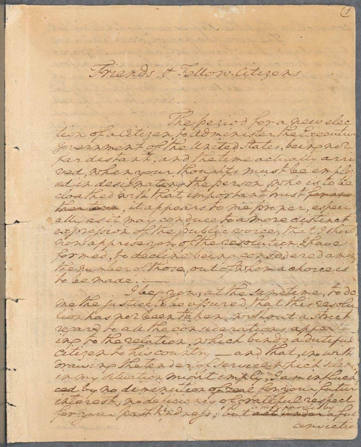 Photo of George Washington's handwritten farewell address, headlined "Friends + Fellow Citizens"
