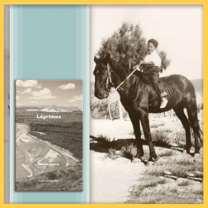 A photo of Nasario García, age 6 on a horse, along side an image of the Lágrimas book cover