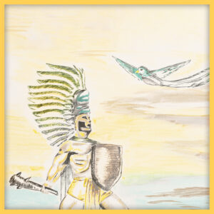 Drawing by an unnamed youth in an immigration detention center. Depicts a man with a headdress, shield, and club. A blue bird flies above him.