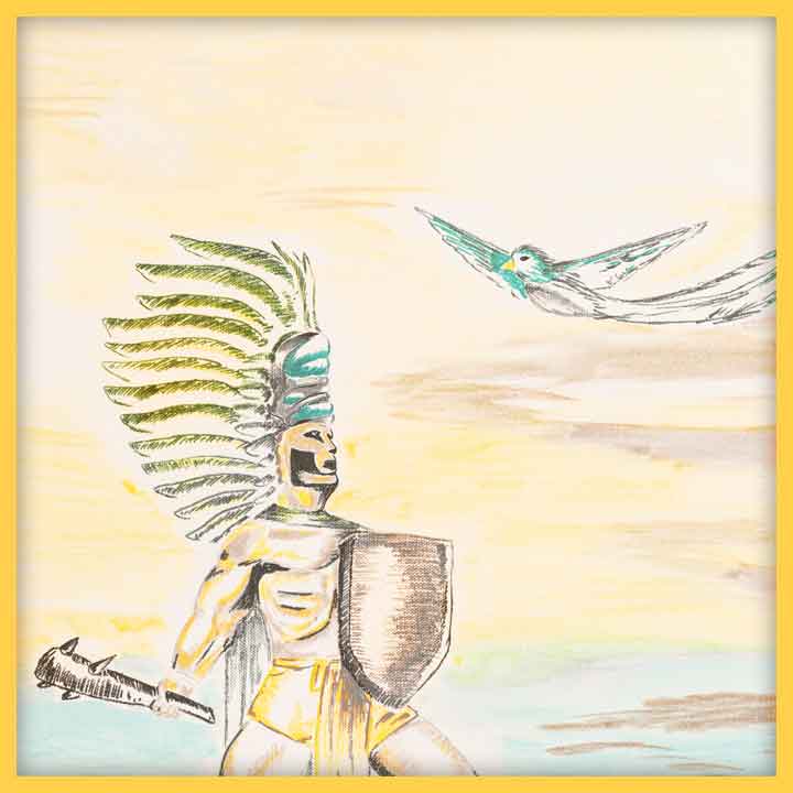Drawing by an unnamed youth in an immigration detention center. Depicts a man with a headdress, shield, and club. A blue bird flies above him.