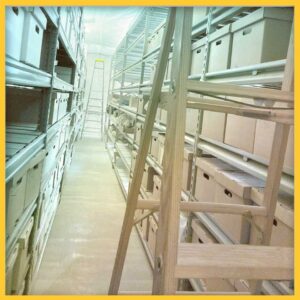 ENMU's curation facility, shelves lined with boxes and a ladder.