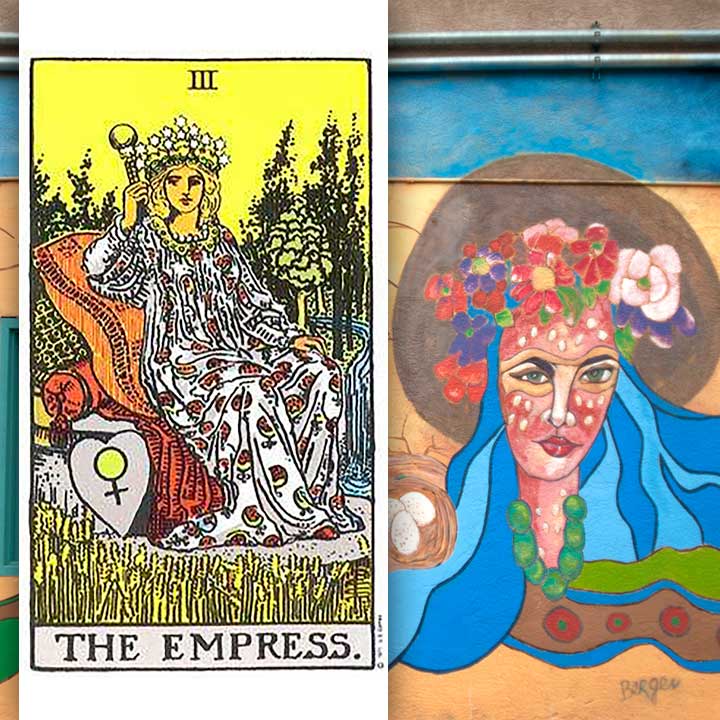 Collage of a Tarot "Empress" card next to a mural of a woman with blue hair and a flower crown