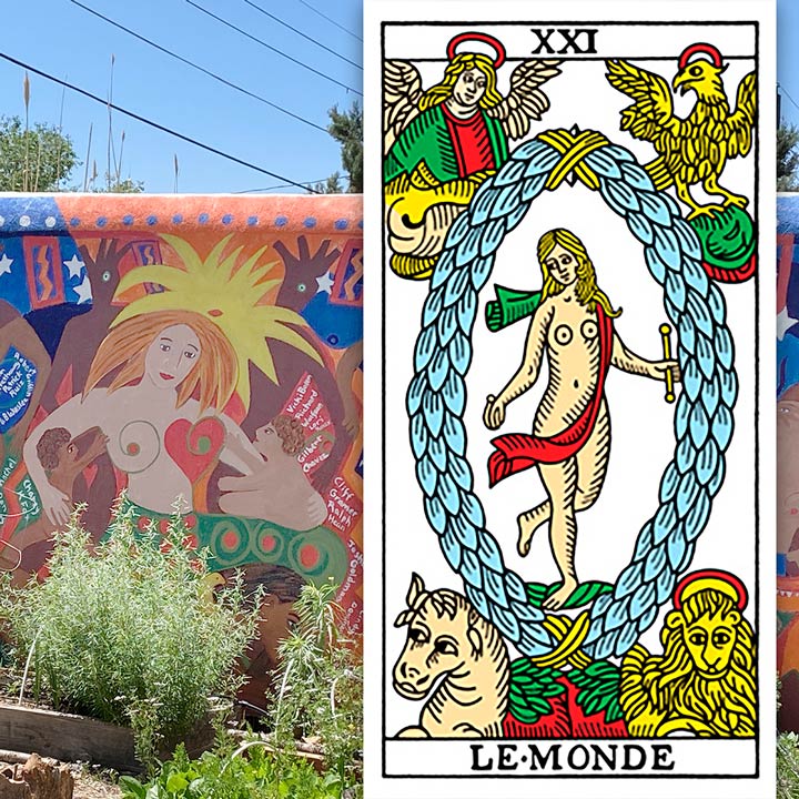 Collage of a Tarot "Le Monde" card next to a mural of an abstracted woman holding children in her lap.