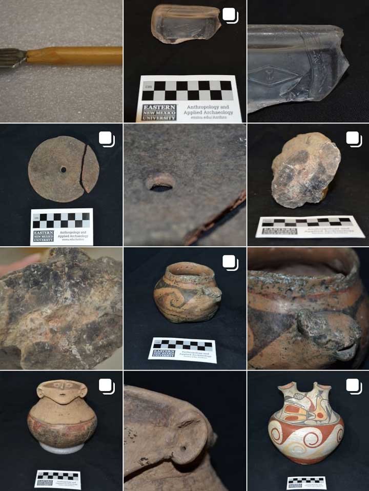 Grid of photos of artifacts, including ancient pottery and tools