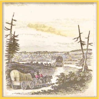 Historical drawing of wagon train on the Santa Fe Trail