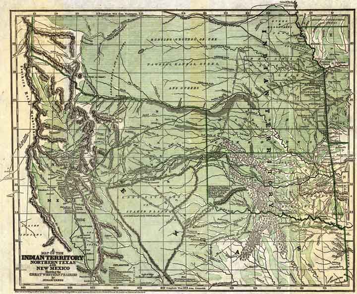 A map entitled "A Map of the Indian Territory Northern Texas and New Mexico, Showing the Great Western Prairies by Josiah Gregg"