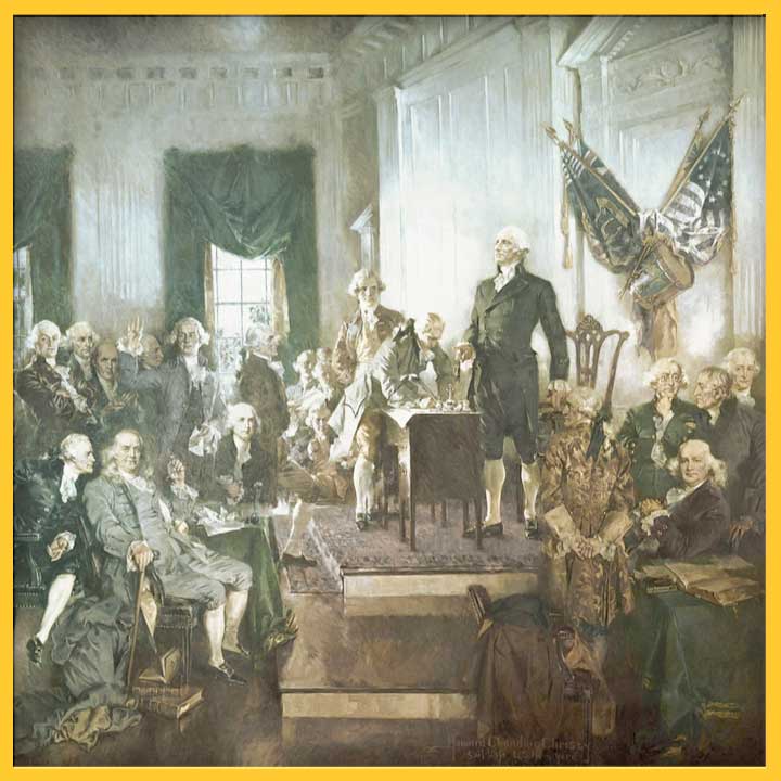 Painting of the signing of the Constitution. Two men stand at a desk on a platform facing the crowd.