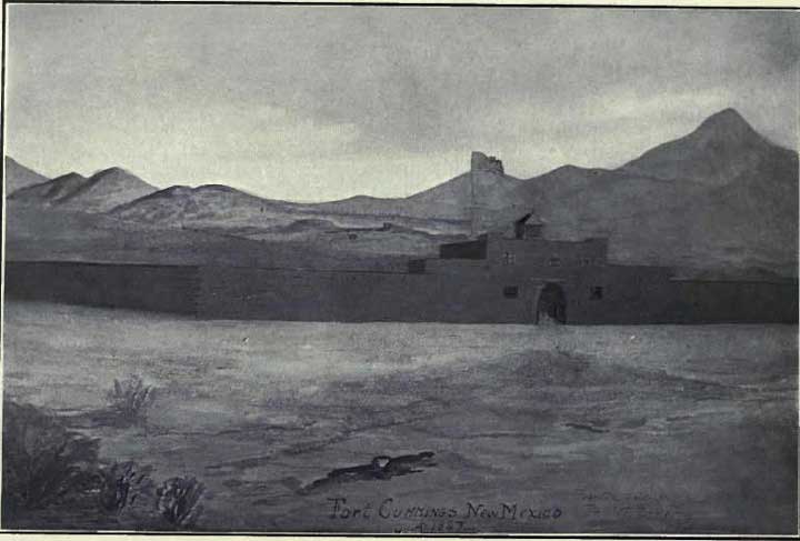Black and white drawing of Fort Cummings in front of some mountains