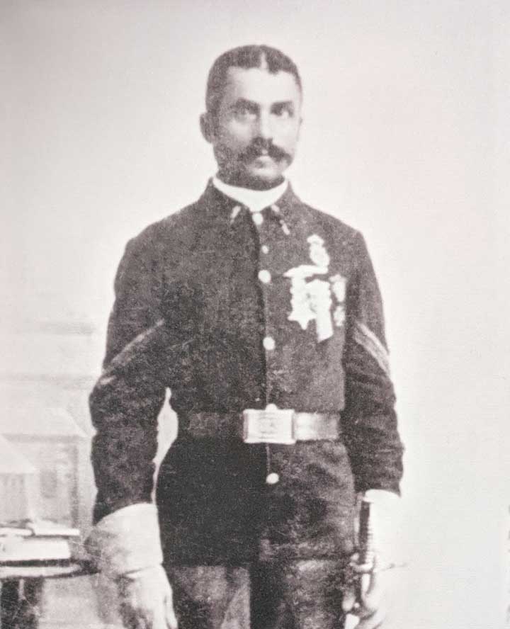 Black and white photo portrait c. 1881 of Sergeant Brent Woods in uniform