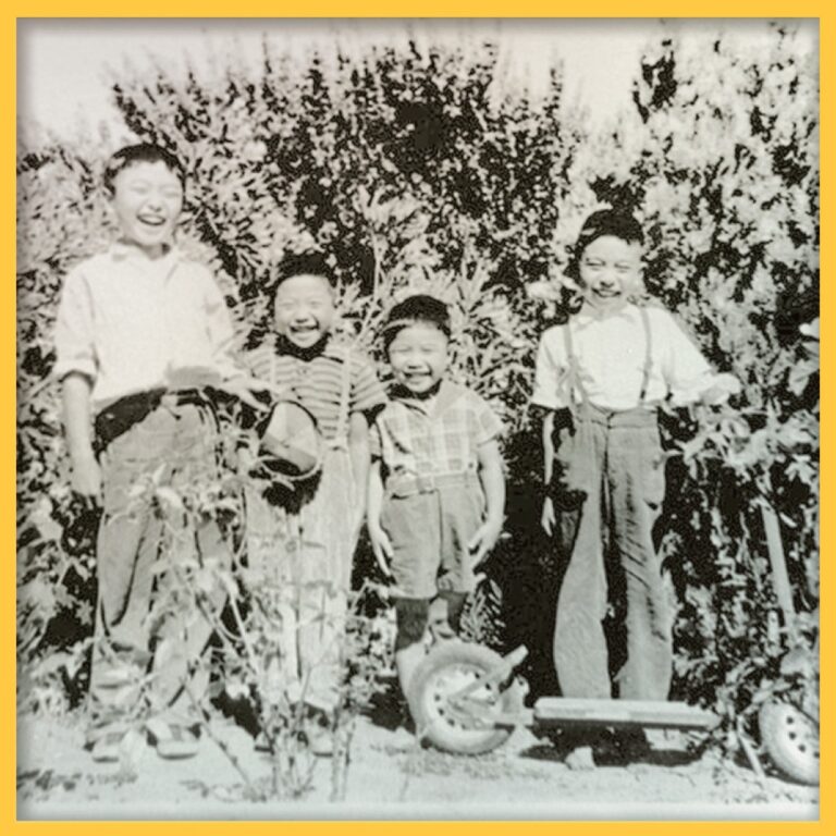 Shozo, Goro, Mamoru and Keigo Takeuchi taken in Alvarado, CA in 1939. Credit: Photo courtesy of Shelley Takeuchi.
