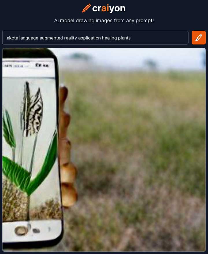 Screenshot of an AI generated image of a hand with too many fingers holding a phone in front of a field. The phone has an image of a plant on it. The AI prompt at the top of the screenshot reads: "Lakota Language Augmented Reality Application - Healing Plants"