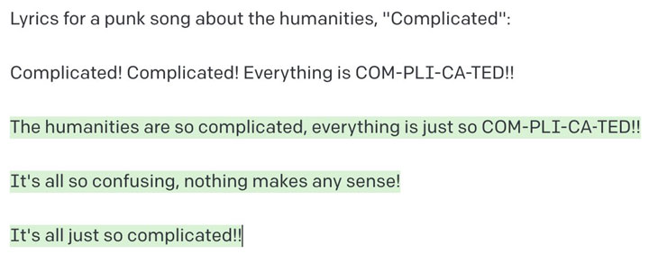 mage reads: Complicated! Everything is COM-PLI-CA-TED!! The humanities are so complicated, everything is just so COM-PLI-CA-TED!! It's all so confusing, nothing makes any sense! It's all just so complicated!!