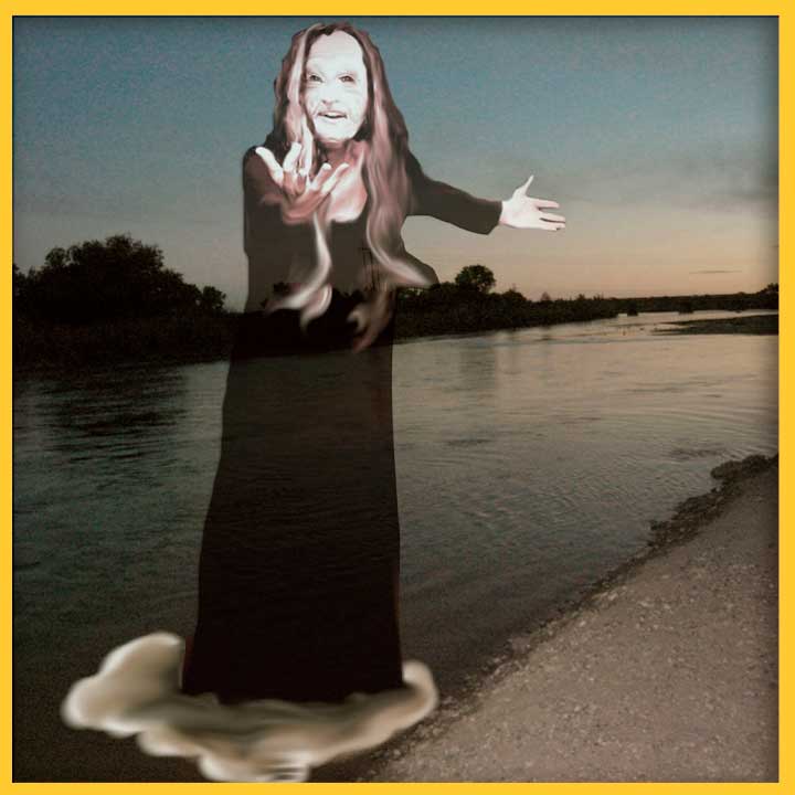 Photo of a transparent woman wearing a white mask and long black dress floating over a river at dusk, motioning for the viewer to come toward her