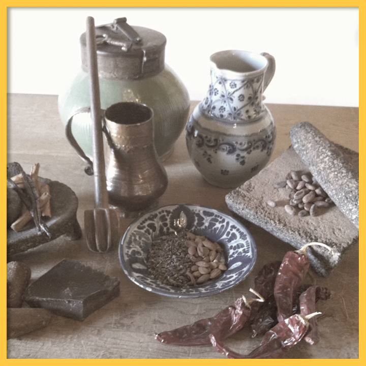 Colonial period chocolate making implements and ingredients. Photo by Nicolasa Chávez.