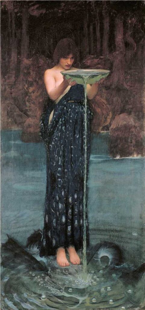 Painting, Circe Invidiosa, depicts a woman wearing a dress, standing in a shallow river or stream, pouring water from a bowl.