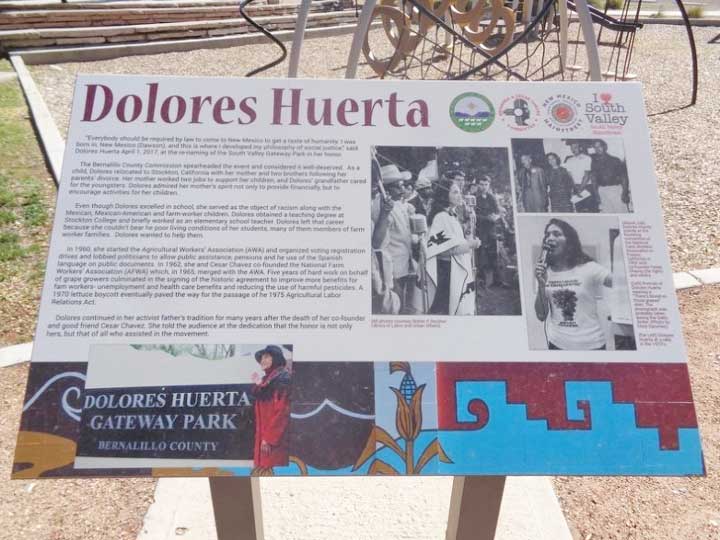 Dolores Huerta historical marker at Dolores Huerta Gateway Park in Bernalillo New Mexico