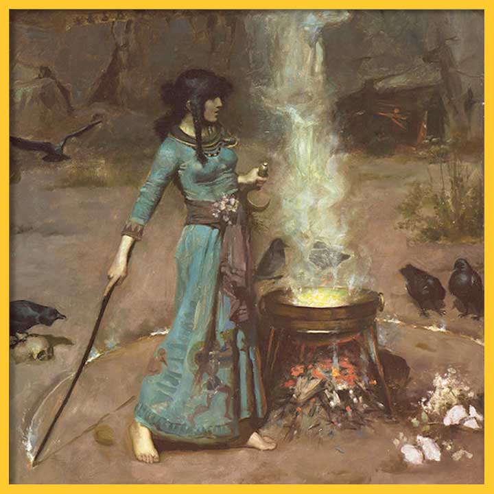 Painting of a woman in a long blue dress, holding a long stick drawing a circle in the sand around a steaming, glowing cauldron. There are a few ravens surrounding her.