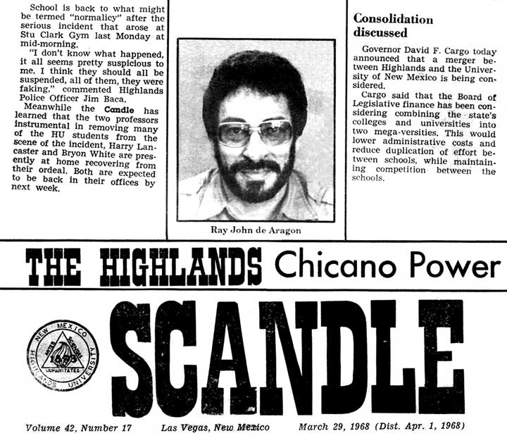 Newspaper clipping from The Highlands Candle with a photo of Tijerina. Headline says "SCANDLE"
