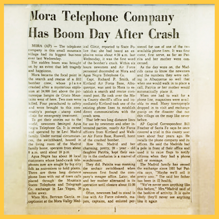 Newspaper clipping with the headline, "Mora Telephone Company Has Boom Day After Crash"