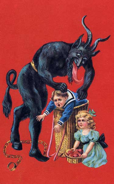 Illustration of Krampus putting a crying little boy into a basket. A little girl crouches next to the basket, holding a basket of fruit.