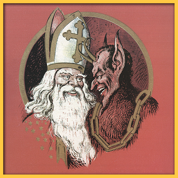 Illustration of the busts of St. Nick and Krampus facing each other. Both are smirking.