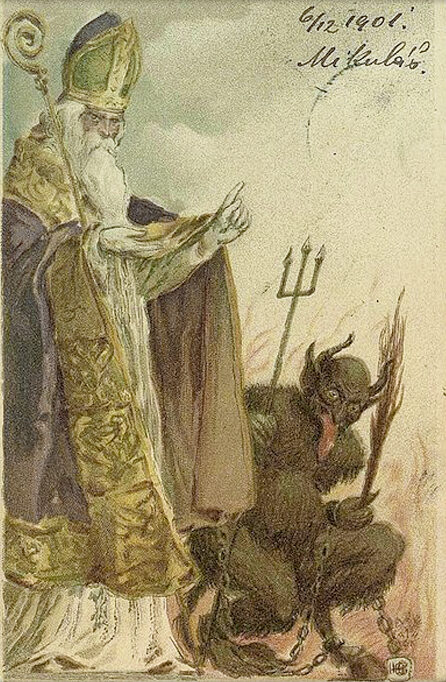 Illustration of St. Nick wearing robes, looking down at Krampus crouching next to him. Krampus is wearing chains and holding a pitchfork.