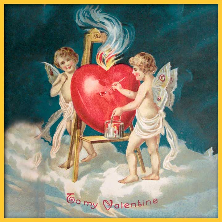 Vintage Valentine's Day card, illustration of two angels standing on a cloud painting a red heart. Text reads "To my Valentine"