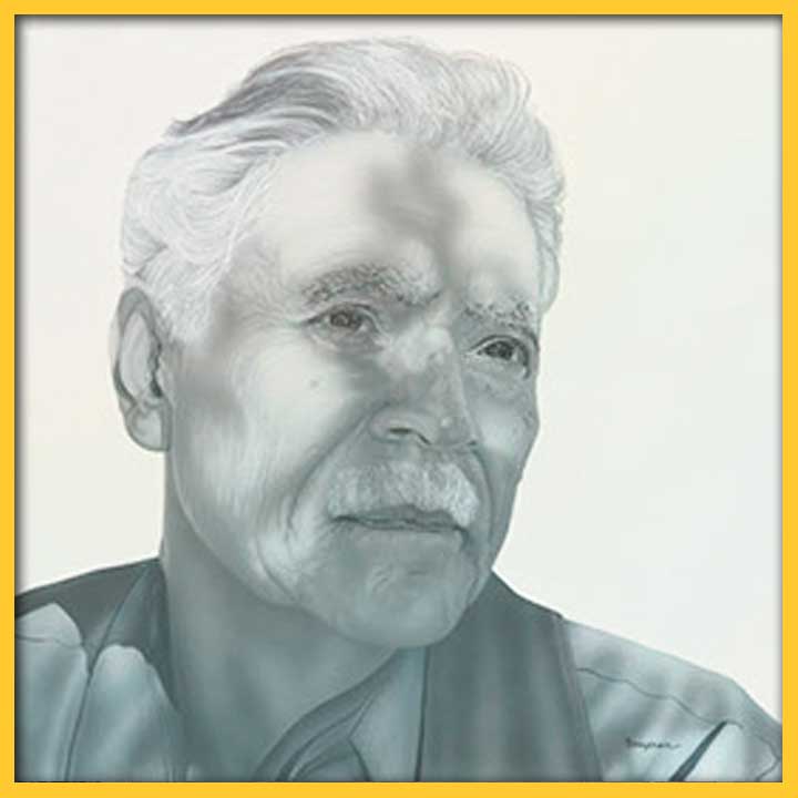 Grayscale pencil drawing portrait of Rudolfo Anaya