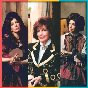 Split image of VanAnn Moore in character as Doña Tules, Susan Shelby Magoffin, and Lydia Spencer Lane