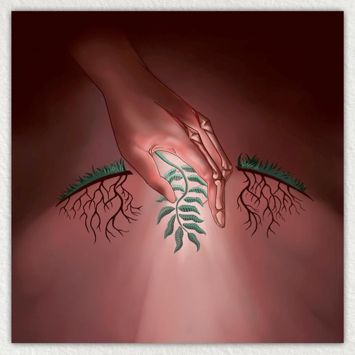 Painting of a hand reaching into the ground to retrieve a glowing plant. Artwork by Lauryn Mills-Bohannon