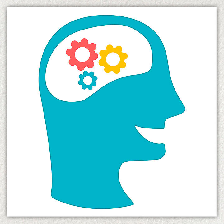 Illustration of a smiling profile with gears in place of a brain